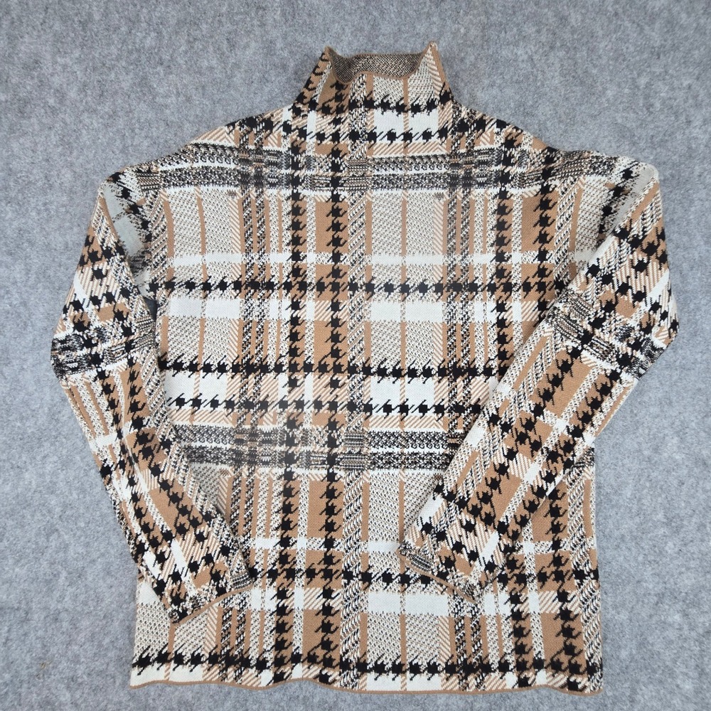 Rachel Zoe Houndstooth Plaid Mock Neck Sweater Womens XS Tan Brown Knit Retro